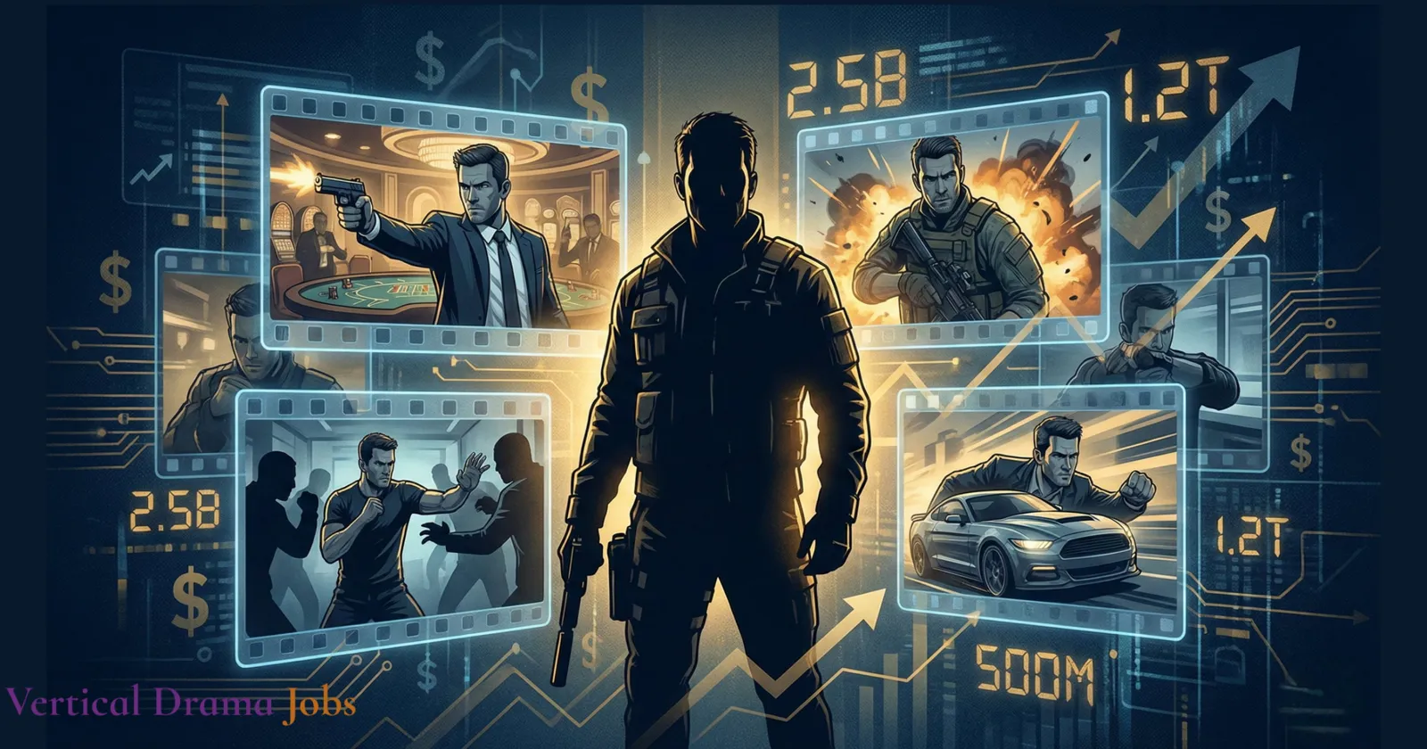 Silhouetted action hero surrounded by film frames of a gunfight, an explosion, a fist fight and a car chase