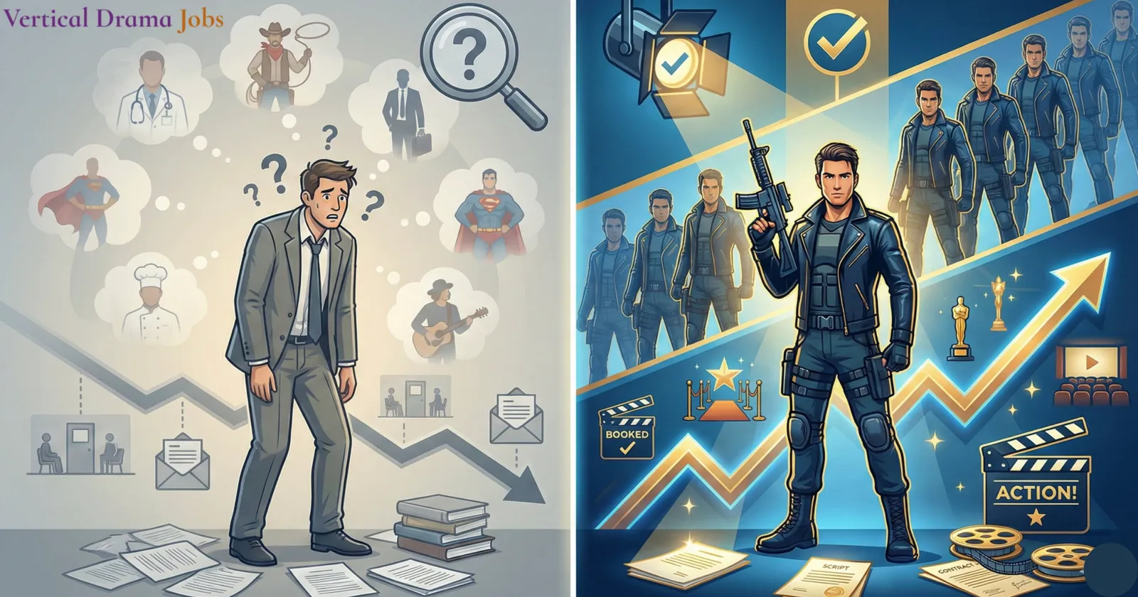 Split illustration of a confused actor surrounded by role ideas and a confident action lead being booked