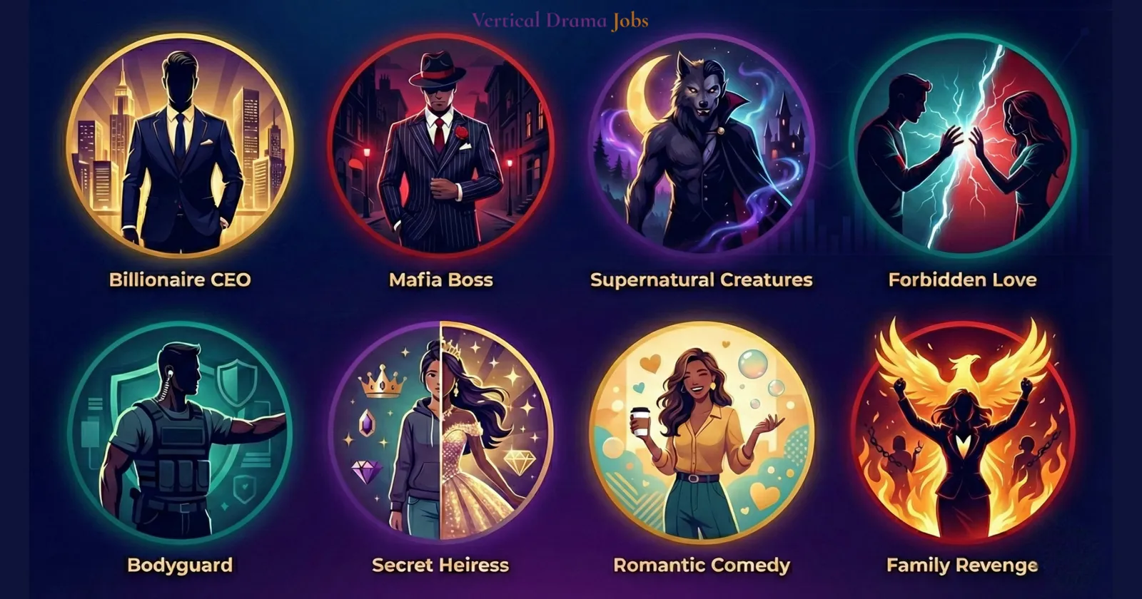 Eight circular icons of drama archetypes, from billionaire CEO and mafia boss to secret heiress and family revenge