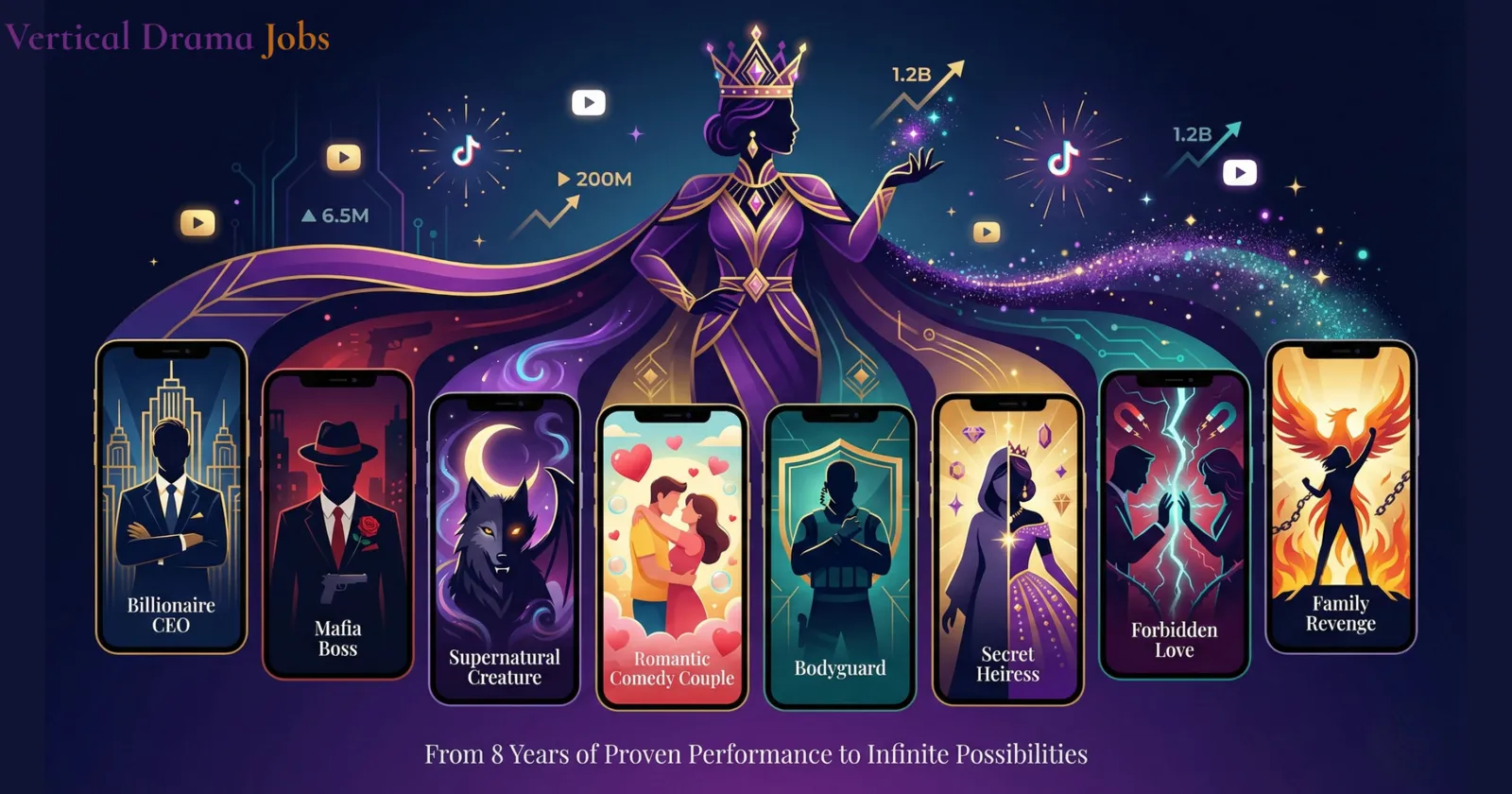 Crowned queen figure in a purple cape above a row of eight phone screens showing drama archetypes