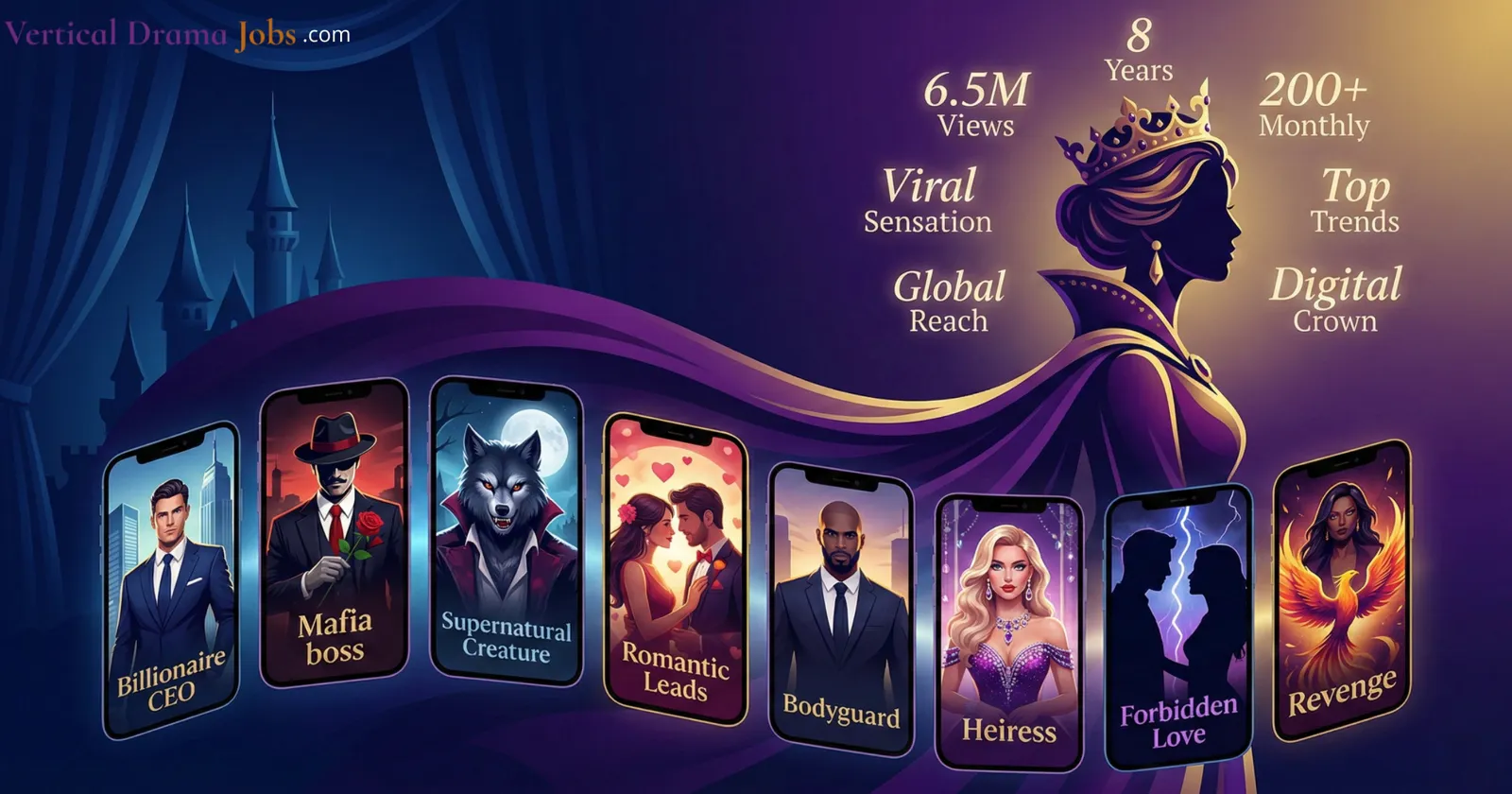 Silhouette of a crowned queen beside view counts, above eight phone screens of drama archetypes