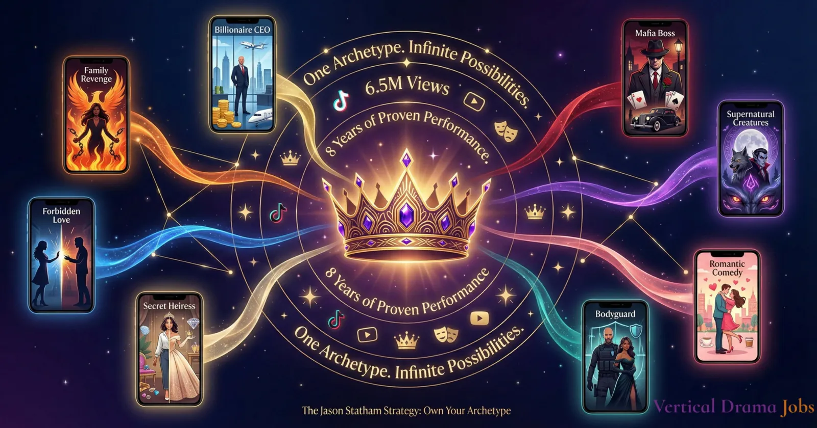 Golden crown at the center of a circle of phone screens showing drama archetypes