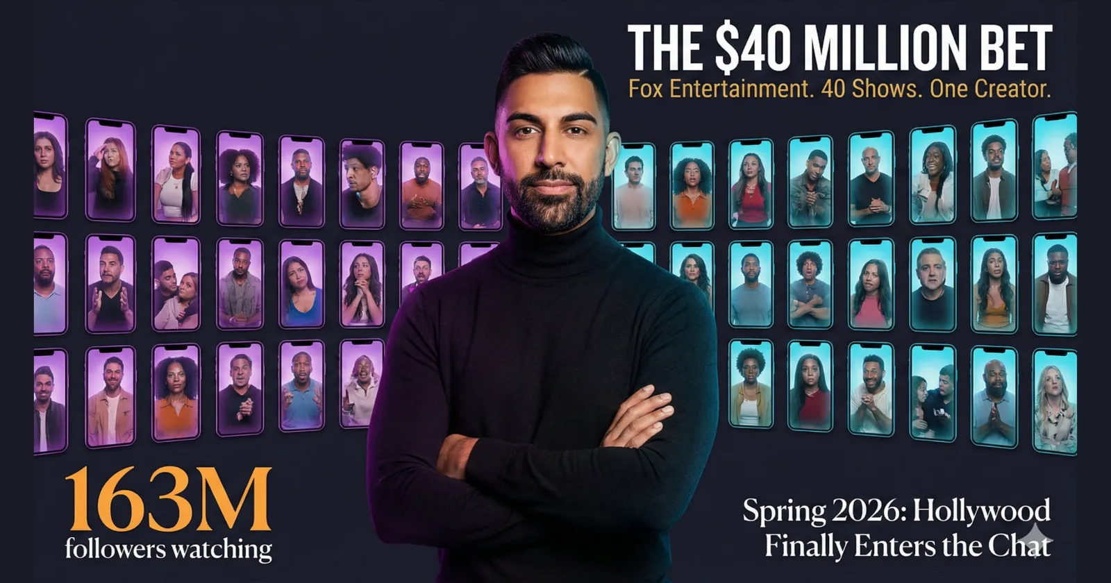Dhar Mann with arms crossed in front of rows of phone screens showing faces, titled The $40 Million Bet