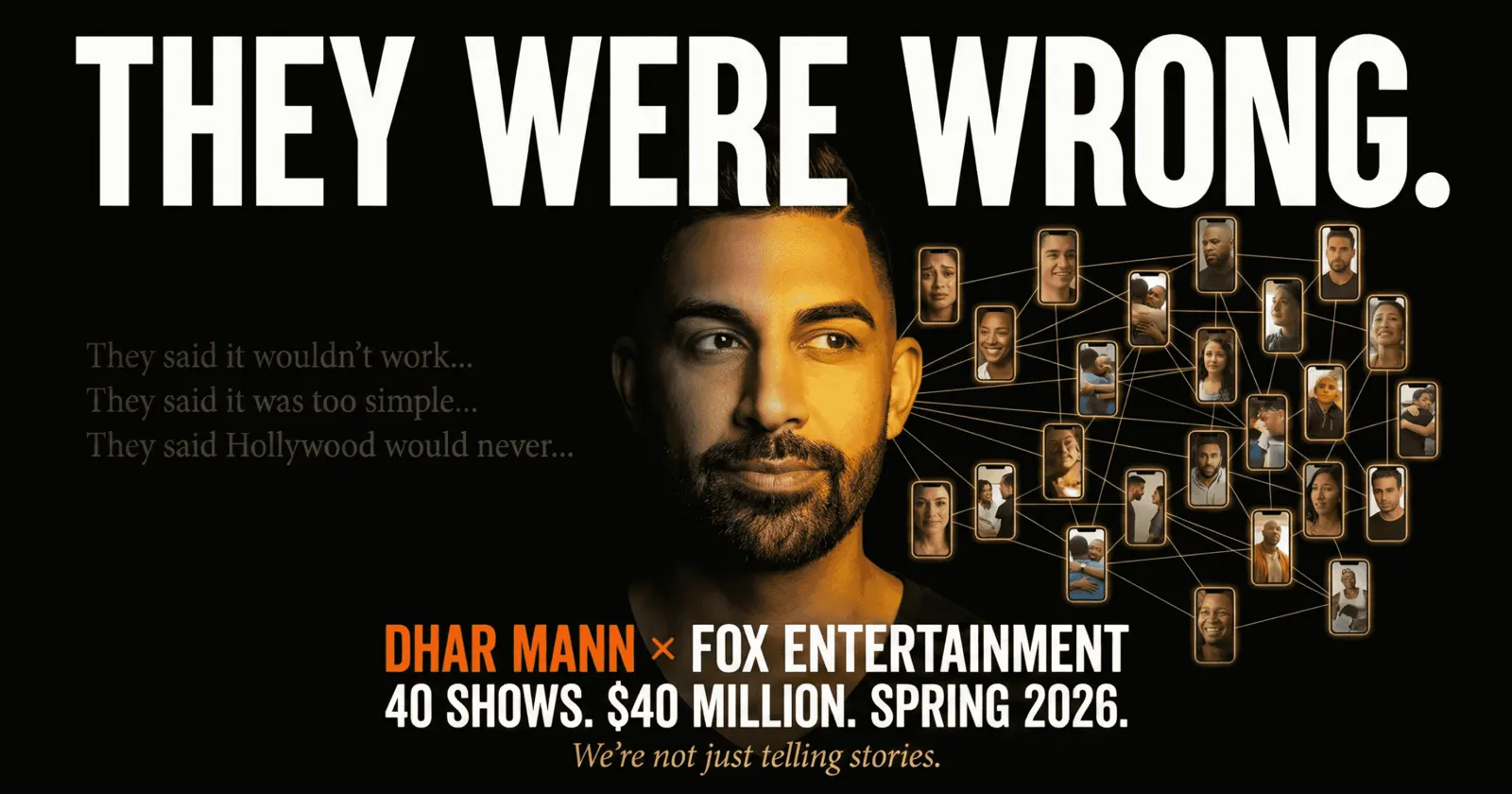 Dhar Mann beside a web of connected phone screens under the headline They Were Wrong