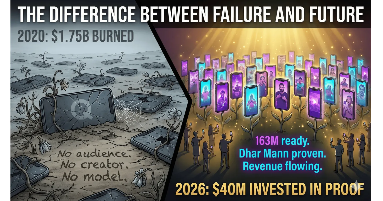 Split image of cracked phones in barren ground labeled 2020 and a field of glowing phones and a crowd labeled 2026