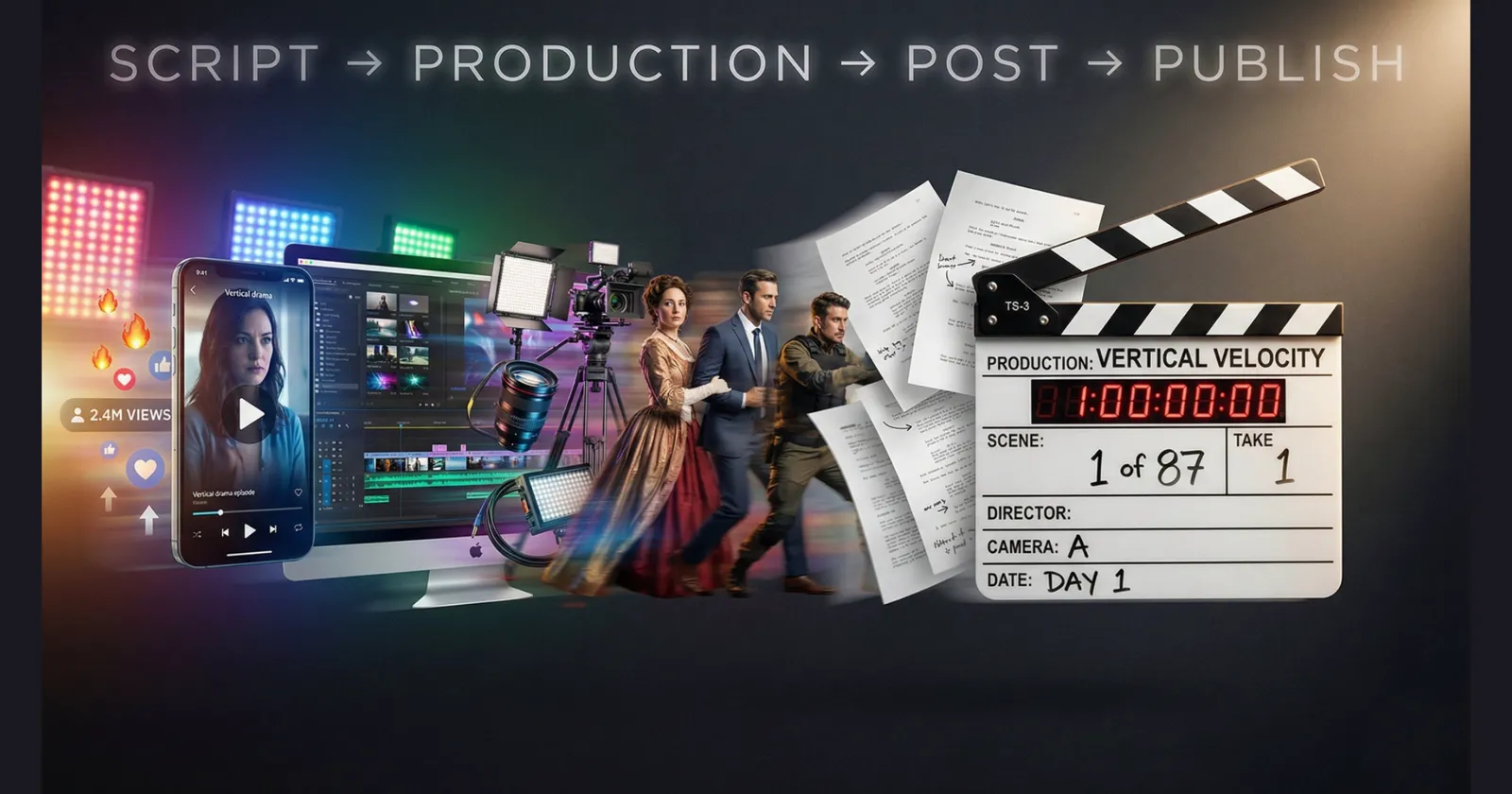 Clapperboard, script pages, costumed actors, a camera and an editing screen under the words Script, Production, Post, Publish