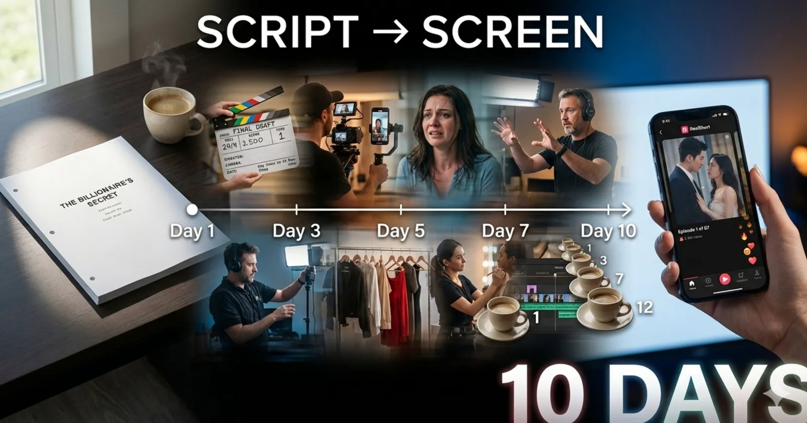 Ten-day timeline from a printed script on day 1 to an episode playing on a phone on day 10