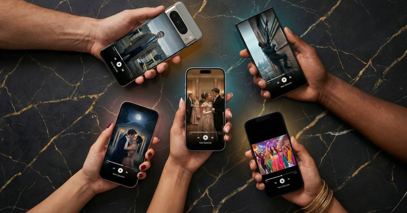 Five hands holding phones that play different vertical drama episodes over a black marble table