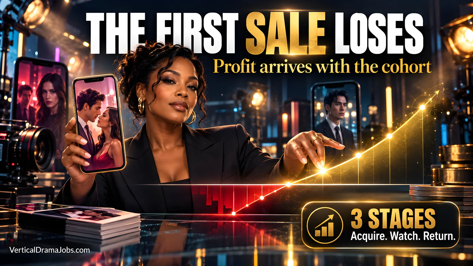 A fictional growth strategist holds a romance phone beside a gold cohort curve rising from loss to profit.