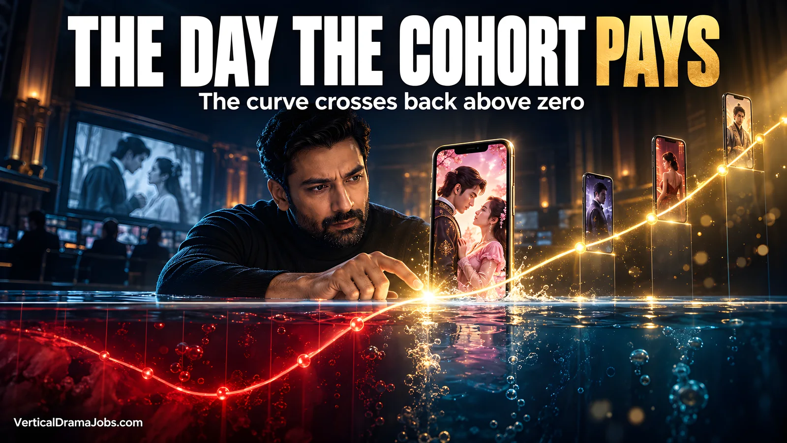A fictional analyst watches a gold cohort curve cross above zero beside a phone showing a period romance.
