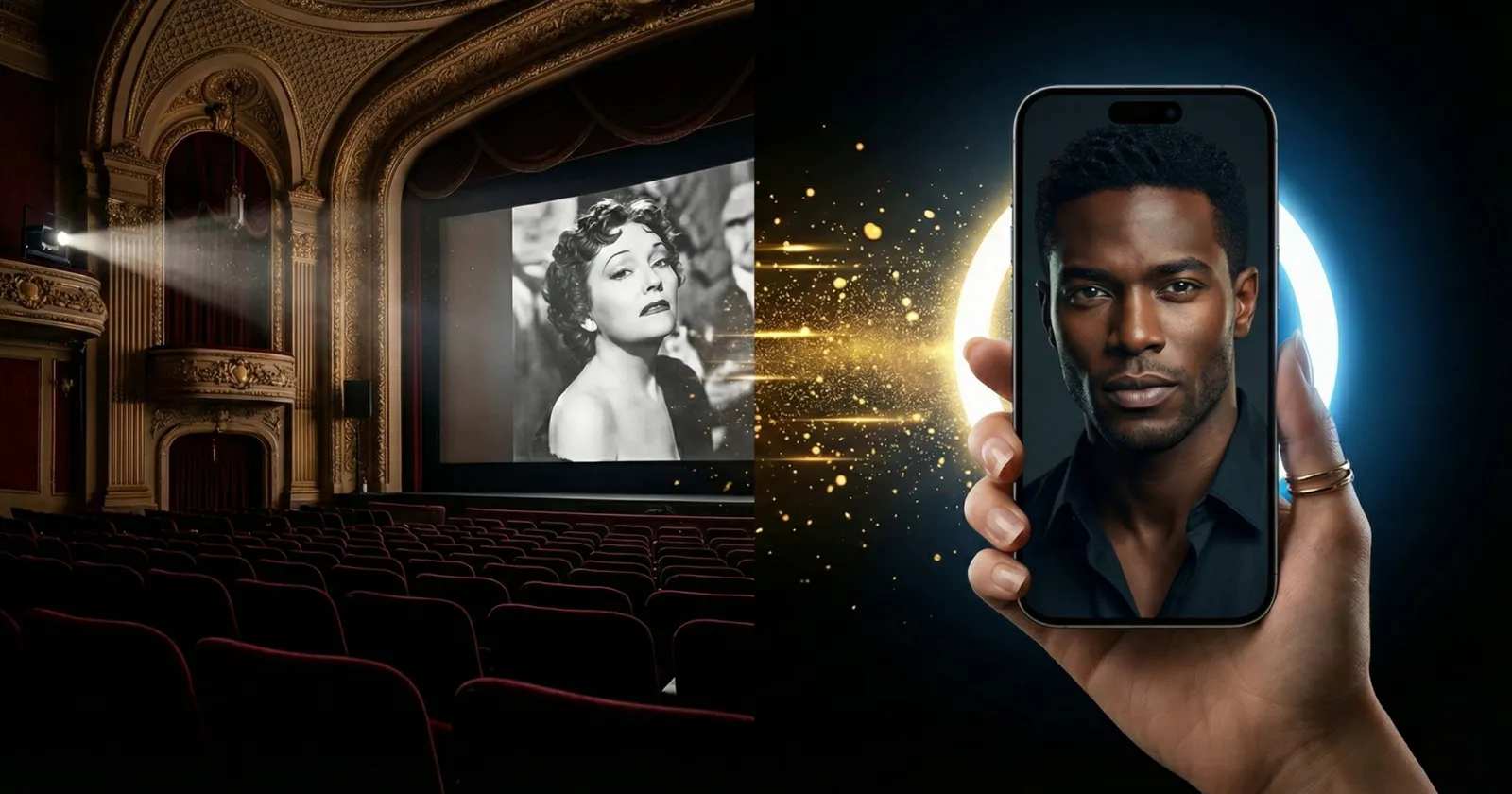 Black and white film star on an old cinema screen beside a hand holding a phone with a man's portrait
