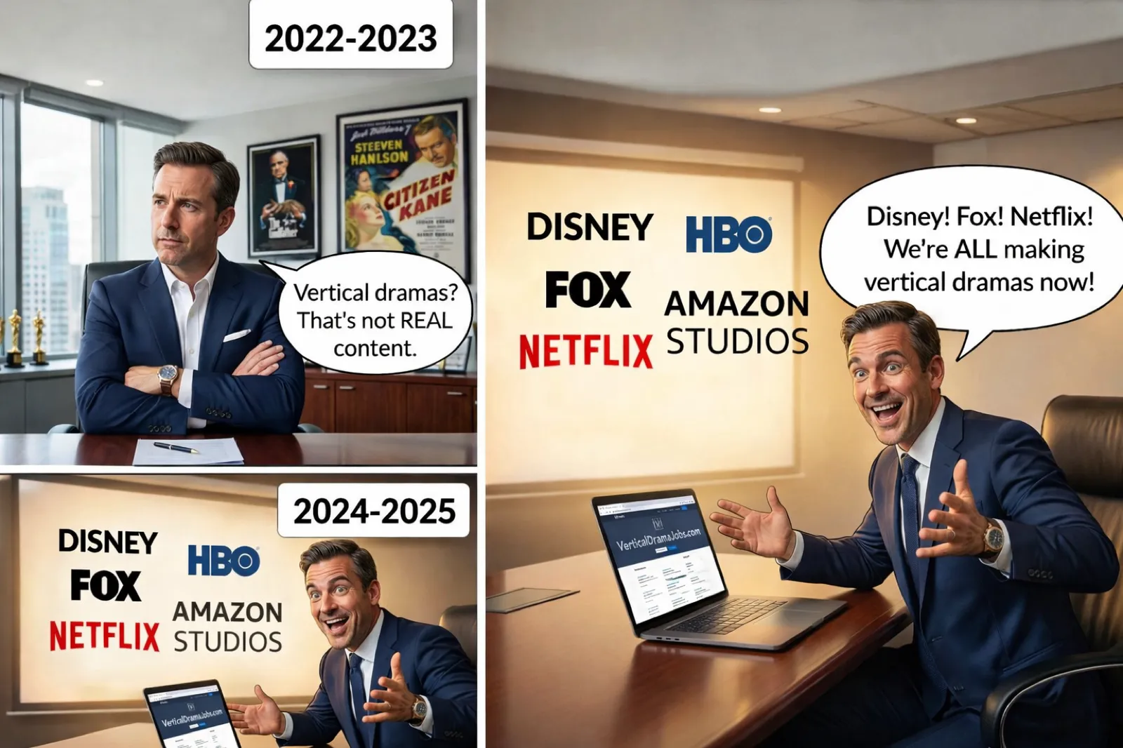 Two-panel comic of an executive dismissing vertical dramas in 2022 to 2023, then cheering that Disney, Fox and Netflix make them in 2024 to 2025