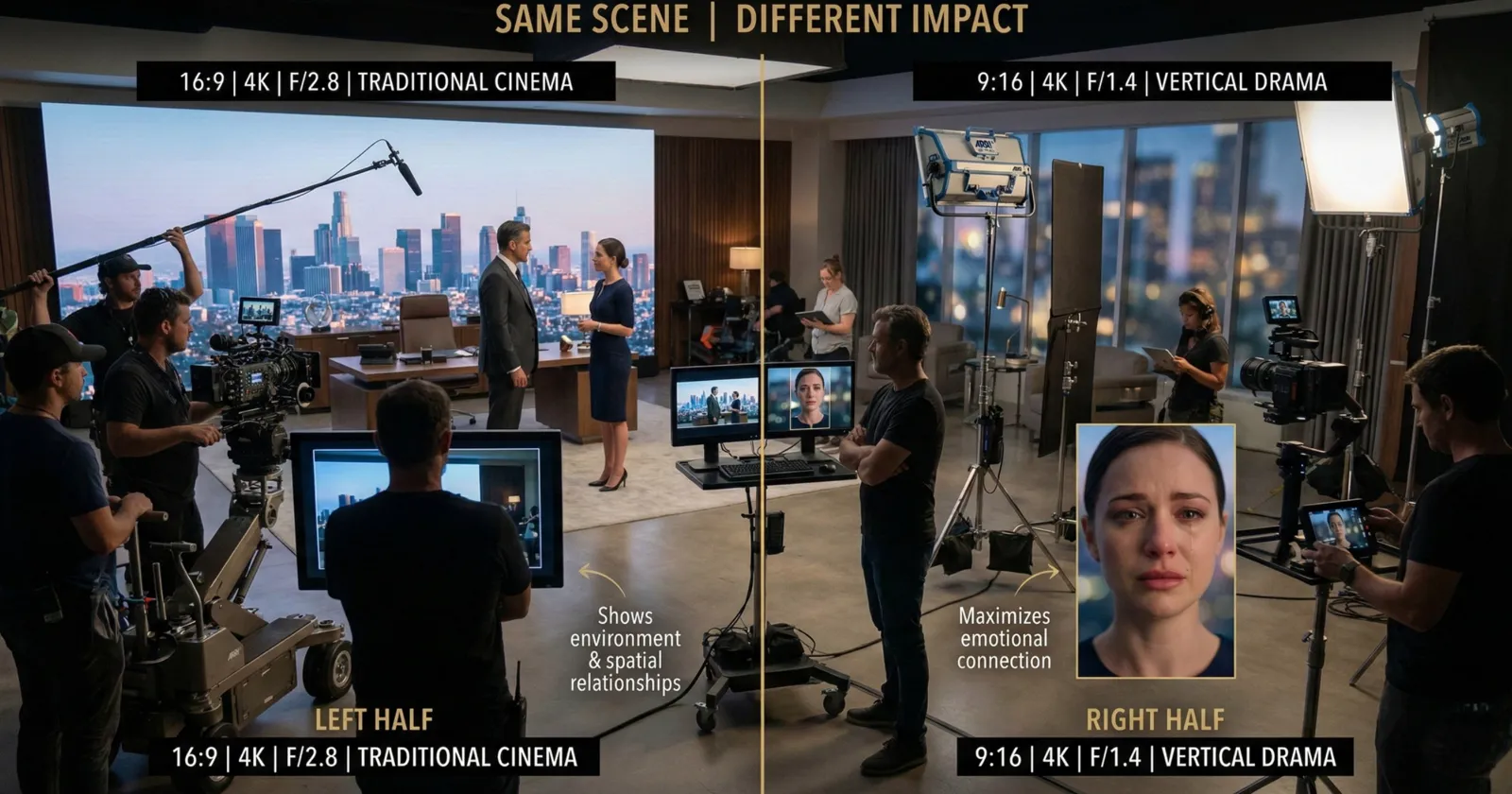 Film set split in half, a wide 16:9 cinema shot on the left and a tight 9:16 close-up of a crying actress on the right