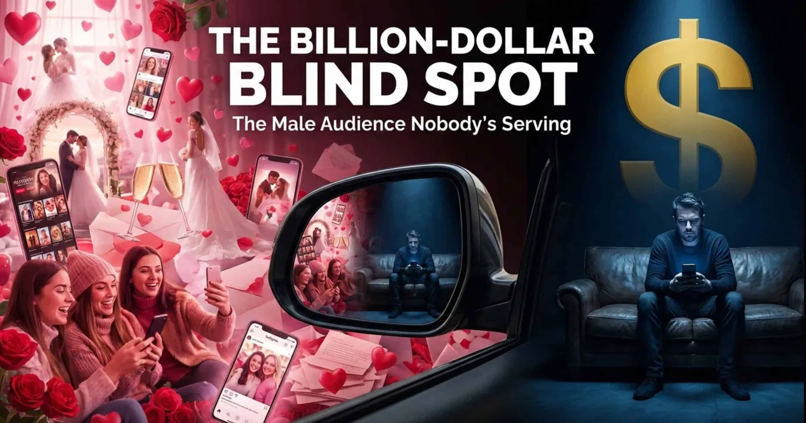 Women watching romance content on phones beside a lone man on a couch with his phone, titled The Billion-Dollar Blind Spot