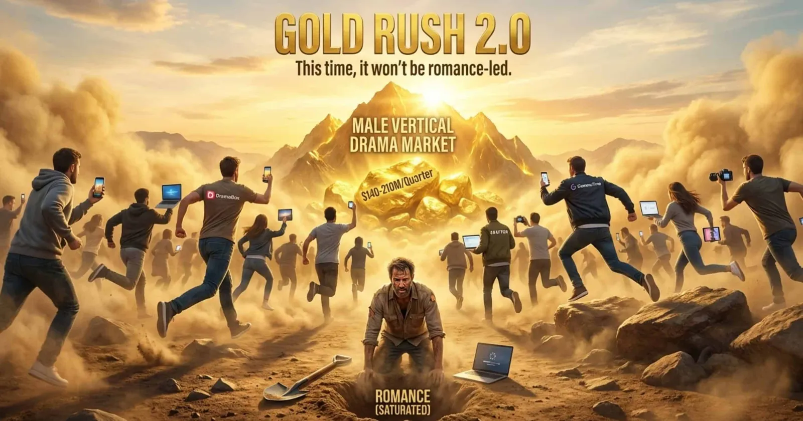 Crowd running toward a golden mountain labeled male vertical drama market while one man digs in a pit labeled romance