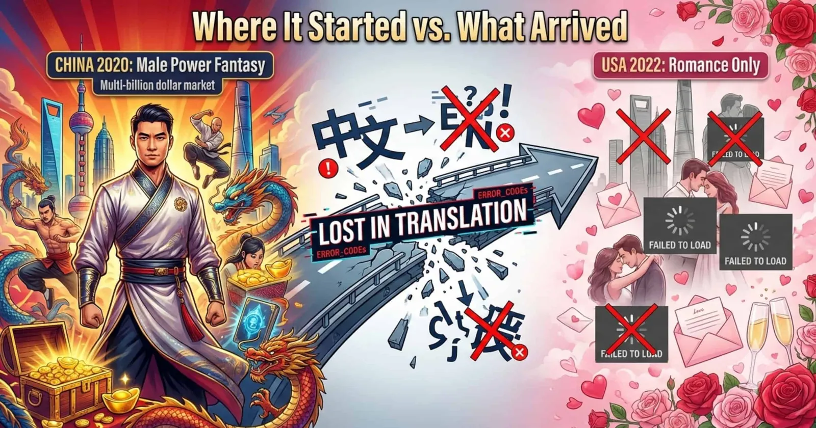 Split illustration of China 2020 male power fantasy dramas and USA 2022 romance-only dramas, joined by a broken road labeled Lost in Translation