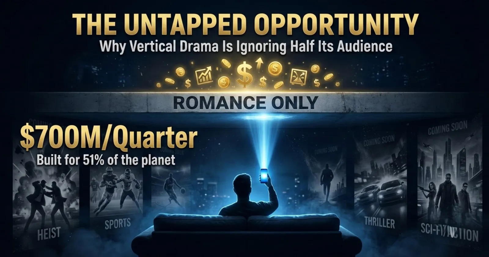 Man on a couch holding up a phone under a Romance Only banner, with heist, sports, thriller and sci-fi posters marked coming soon