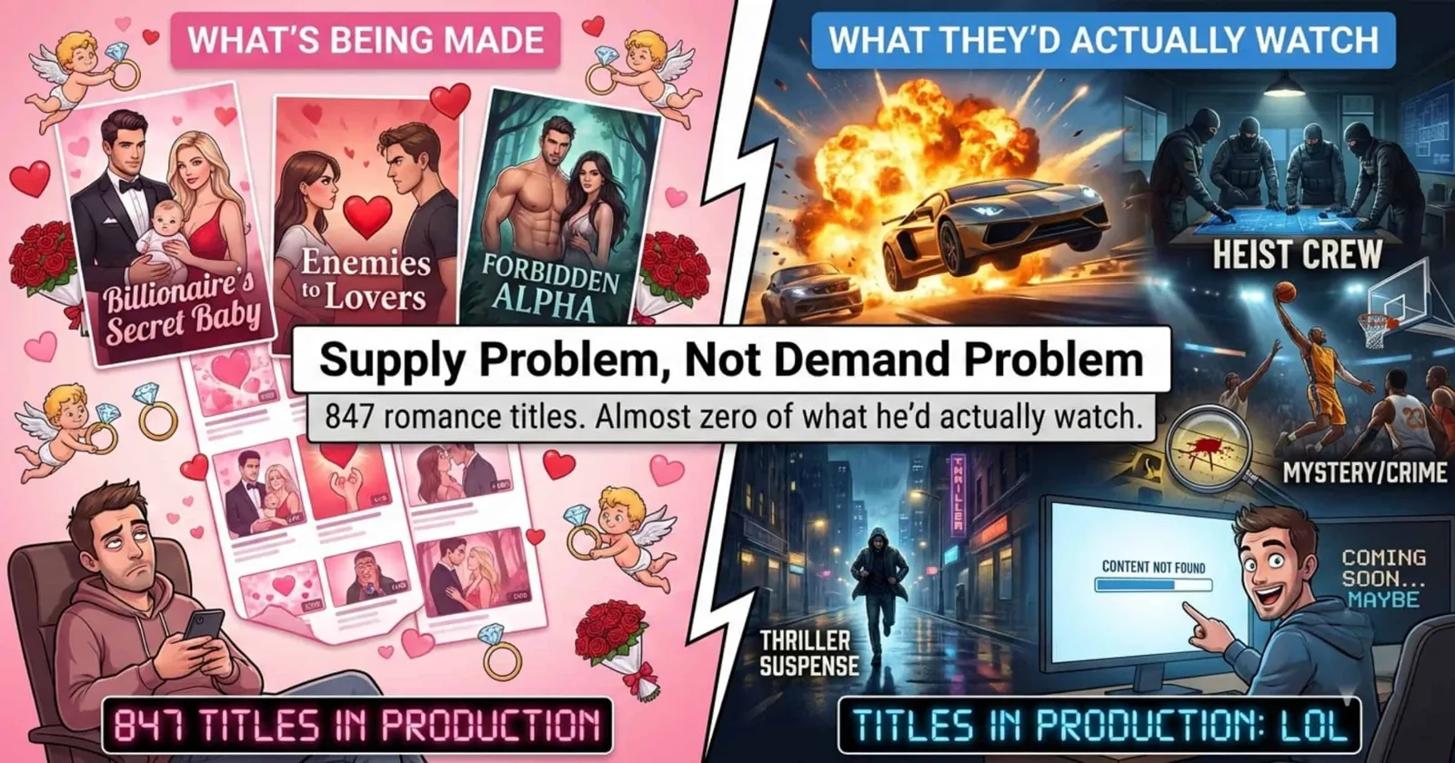Split illustration of a bored man scrolling romance titles and the action, heist and crime shows he would watch