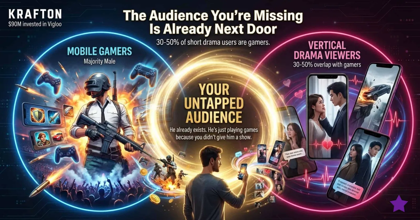 Two overlapping circles of mobile gamers and vertical drama viewers, with a man holding a phone in the middle