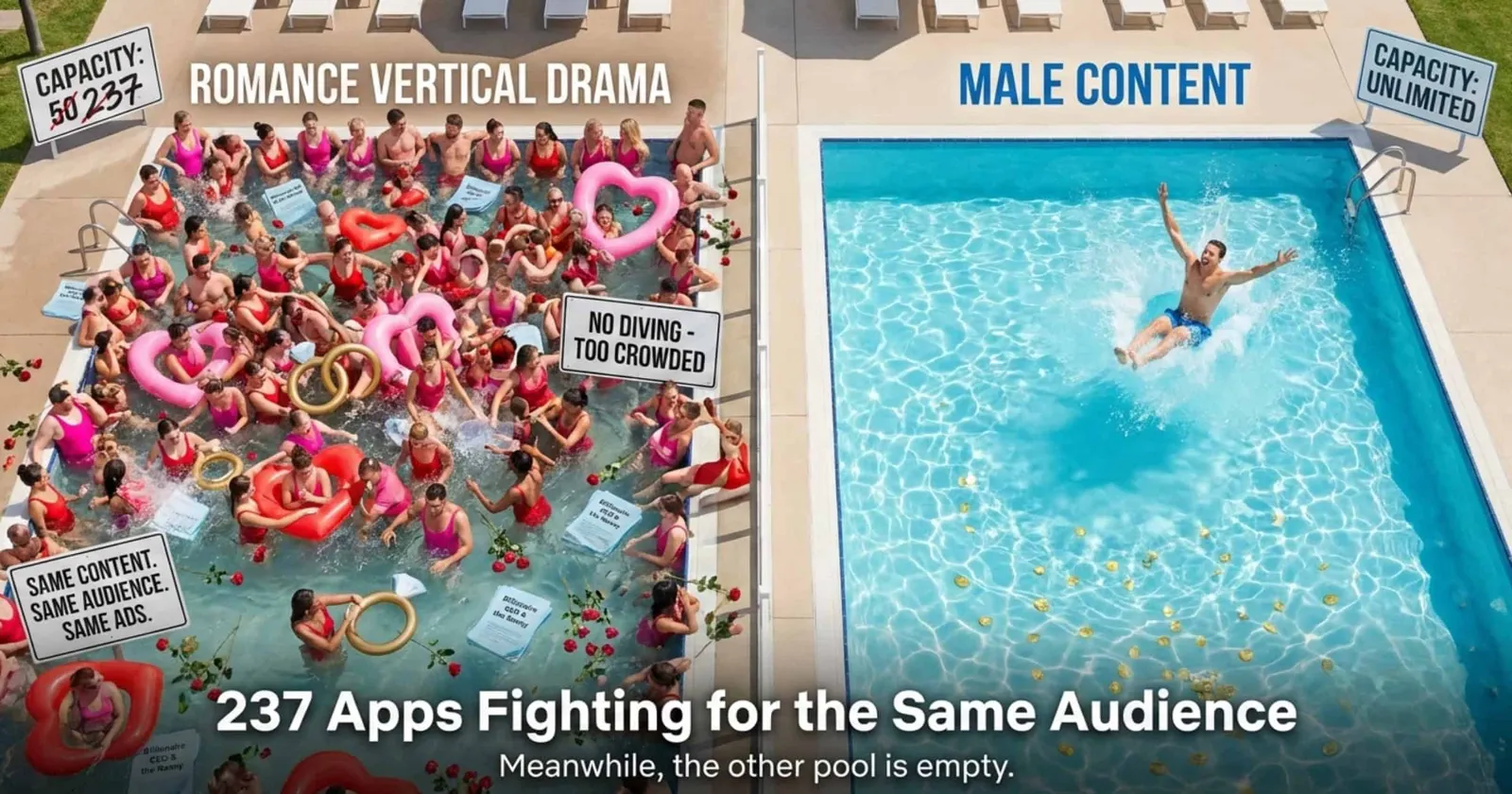Crowded pool labeled romance vertical drama next to an empty pool labeled male content with one man diving in