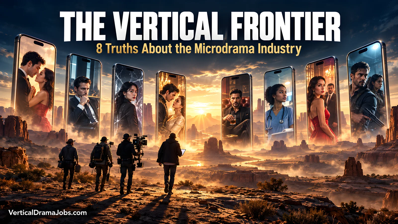 Eight giant phone screens showing micro dramas rise from a desert at dawn as a film crew walks toward them, under the headline The Vertical Frontier: 8 Truths About the Microdrama Industry