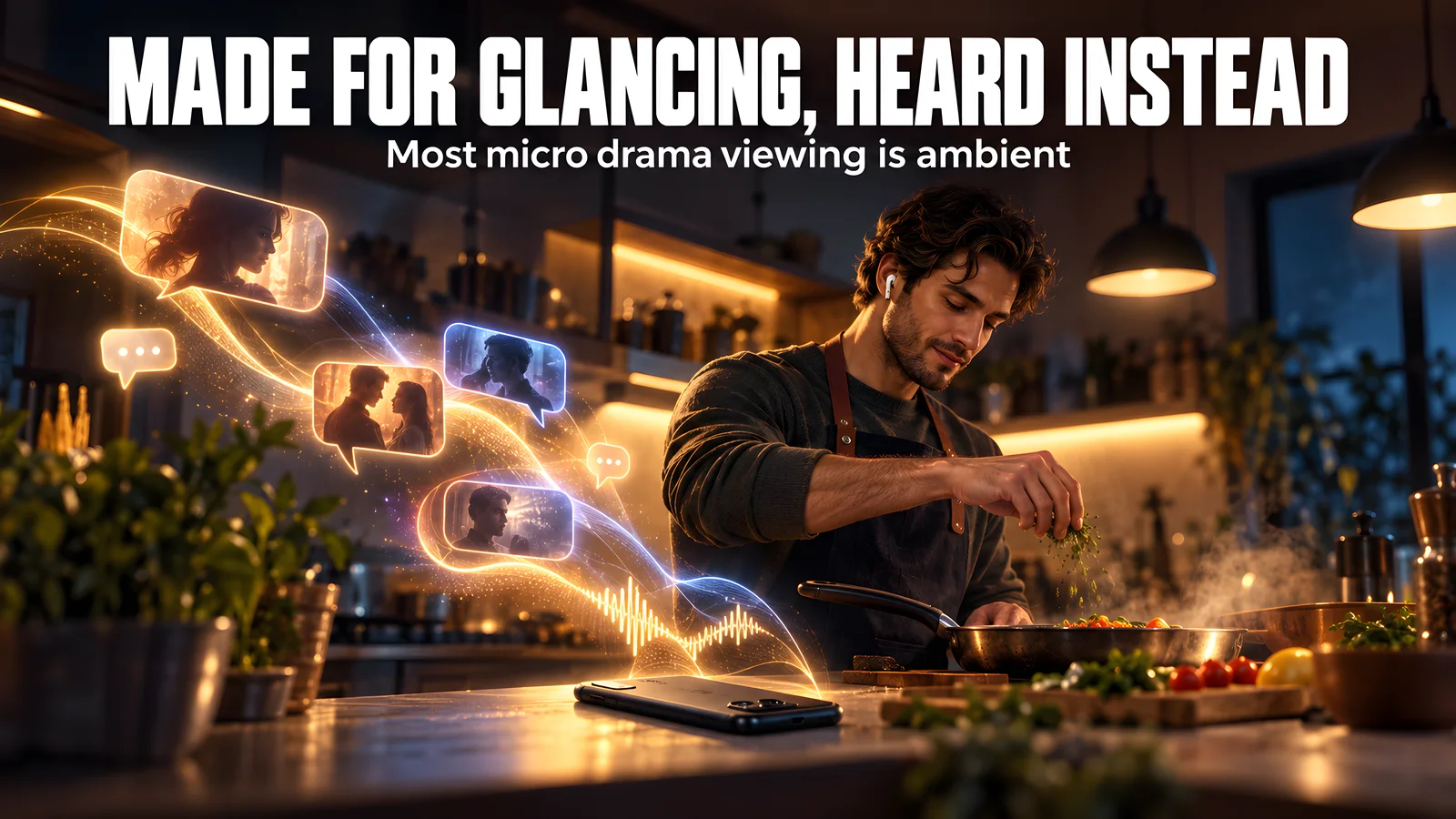 A man cooks with earbuds in while a micro drama plays from his face-down phone