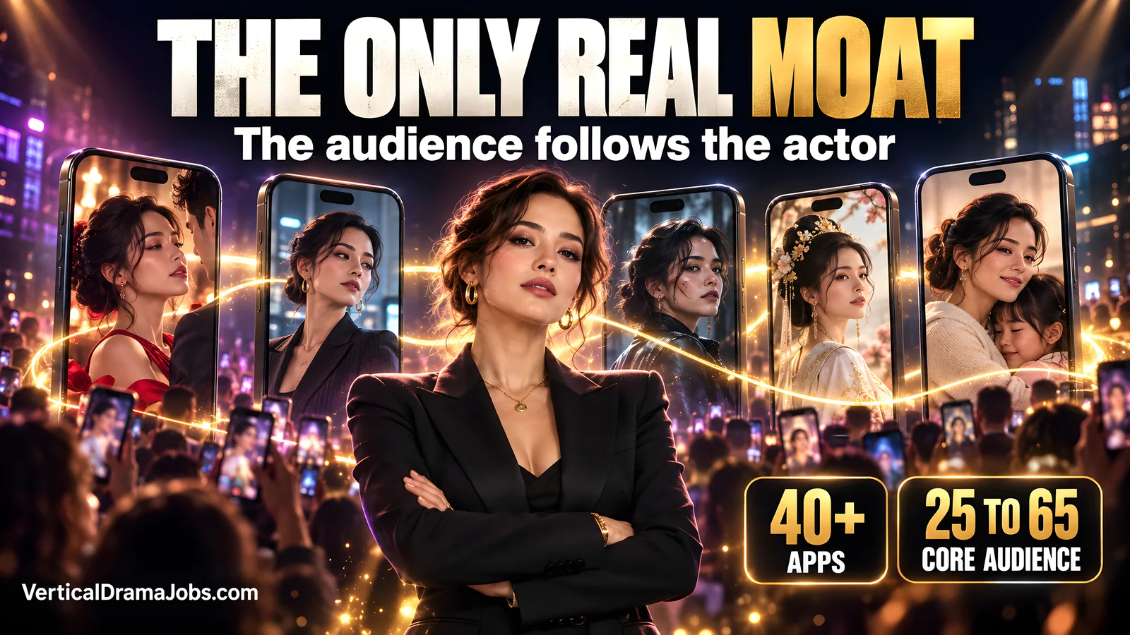 A confident fictional vertical drama actor stands before linked phone screens as audience light follows her across different roles.