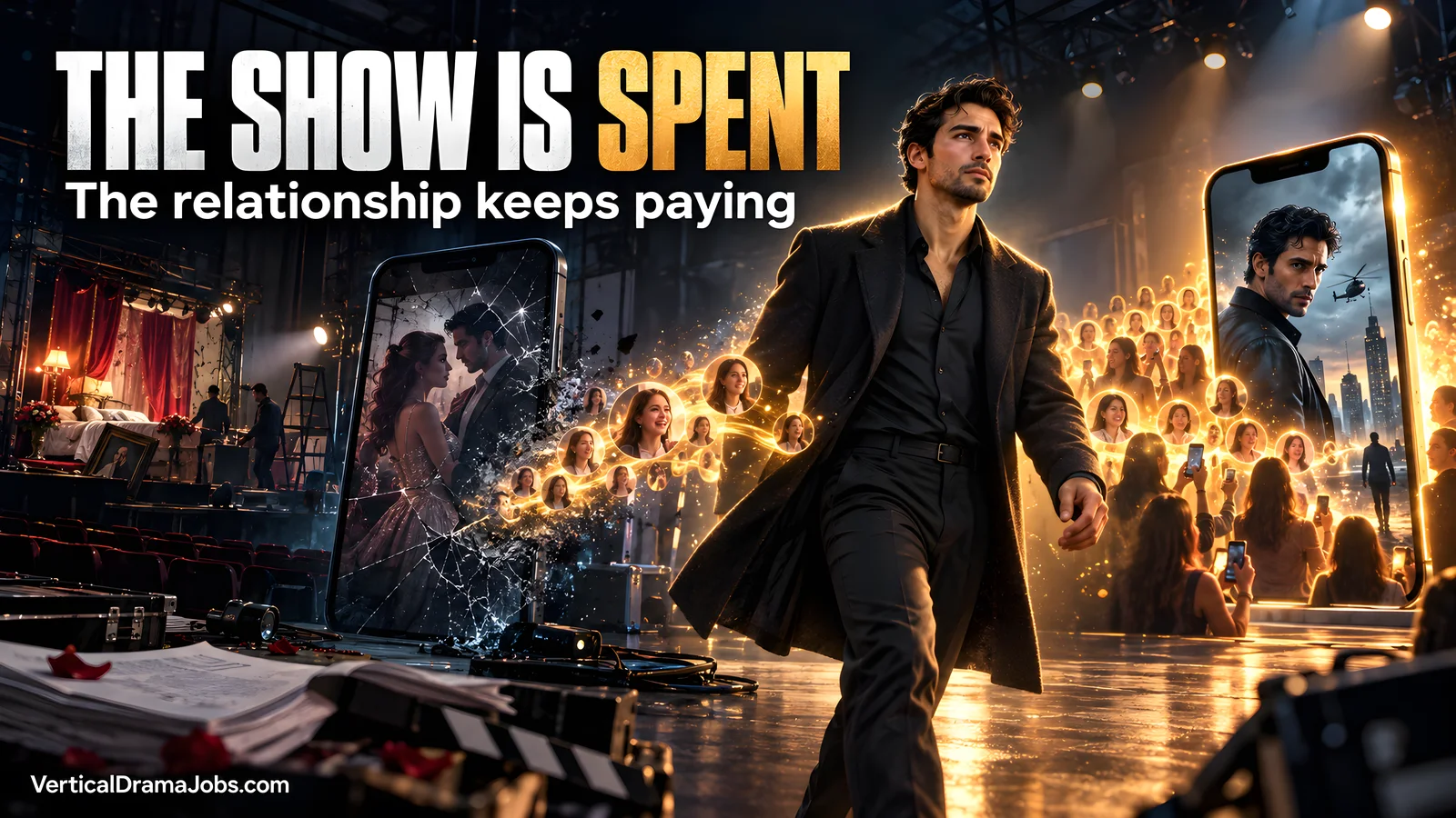A fictional actor walks away from a fading drama screen while a glowing audience connection follows him to a new role.