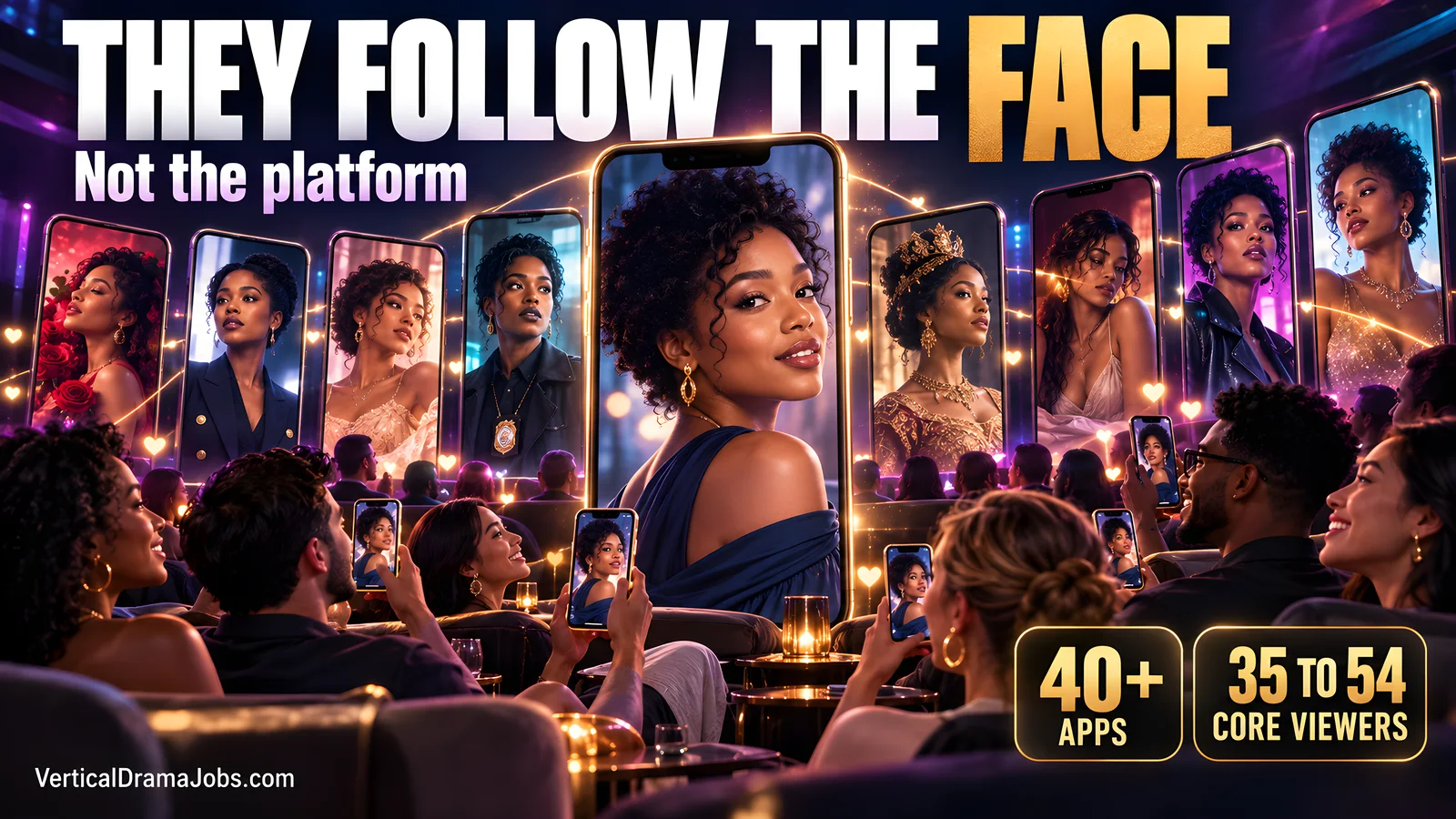 Fans watch the same fictional actor across many phone screens showing her in different vertical drama roles.