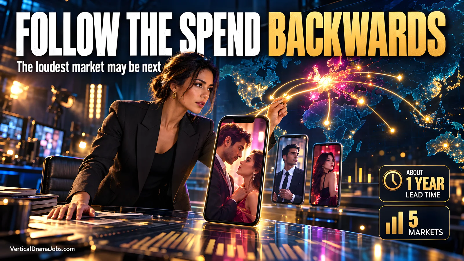 A strategist traces glowing ad spend signals across Europe toward a phone showing a fictional vertical drama scene.