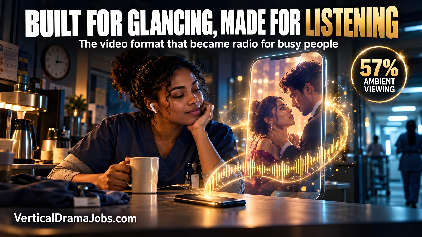 A hospital worker listens to a vertical drama from a face-down phone while a glowing waveform and fictional romance scene fill the dark break room.