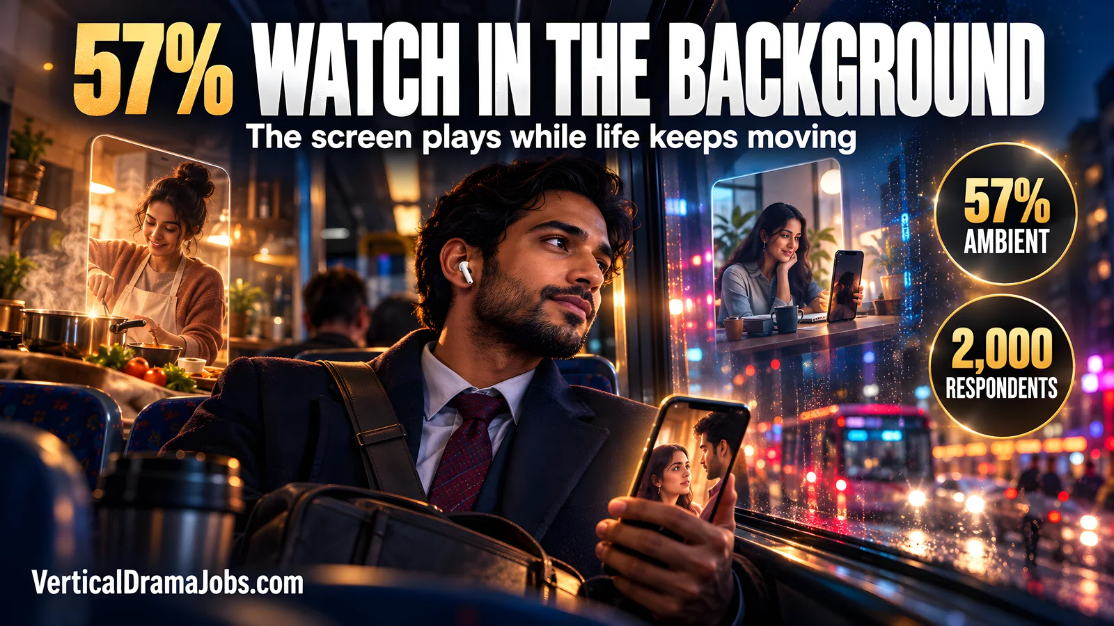 A commuter listens to a micro drama while looking away from his phone, surrounded by cinematic reflections of cooking and work-break viewing.
