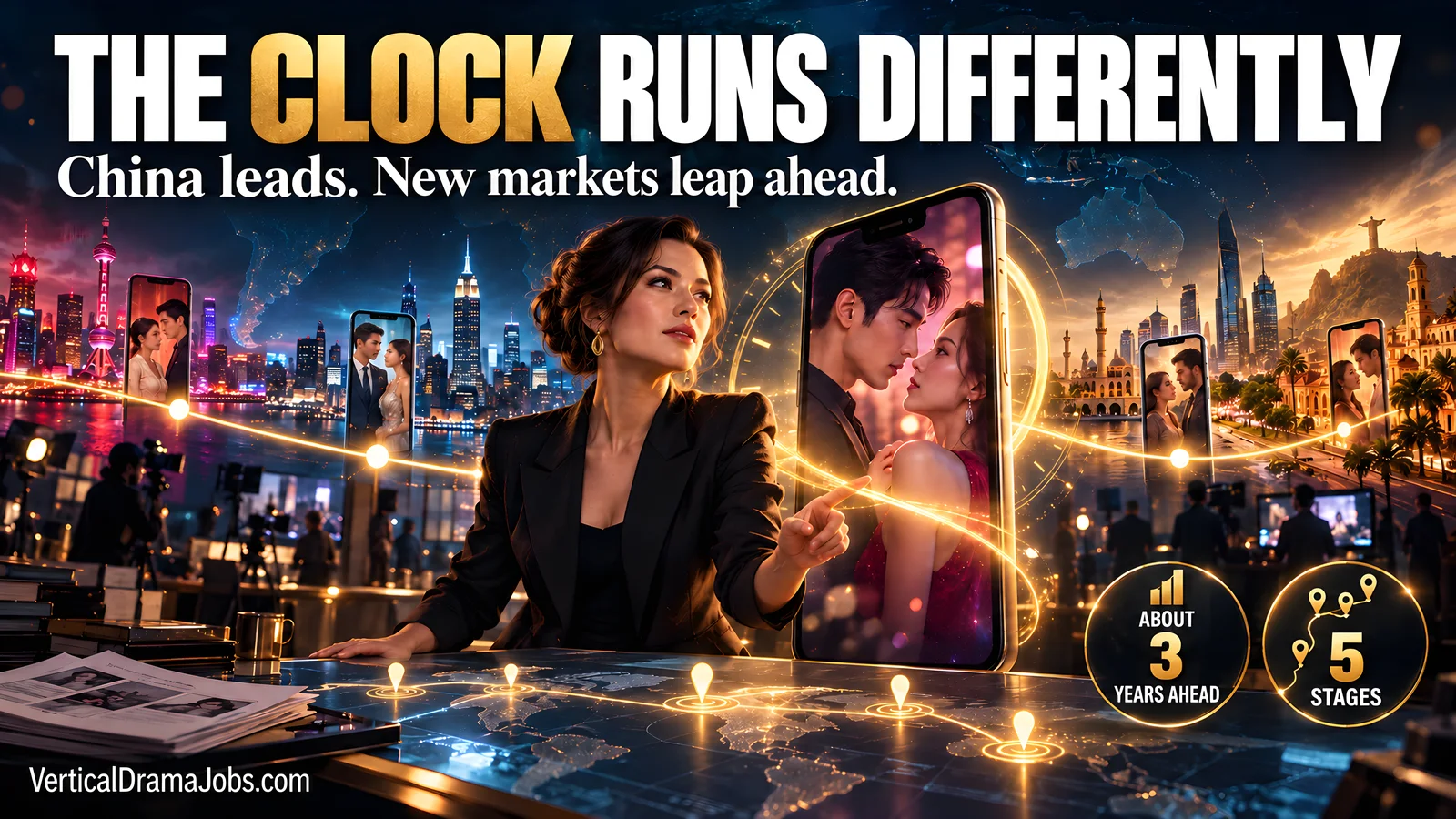 A fictional studio strategist stands beside a glowing phone and accelerated world timeline linking China, the United States, MENA and Latin America.