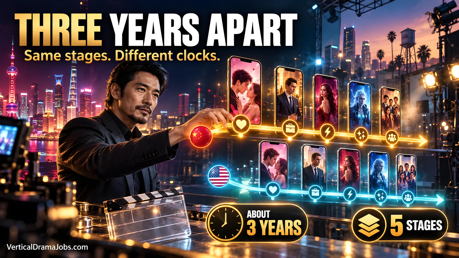 A fictional producer compares parallel China and United States phone timelines that show the same five market stages about three years apart.