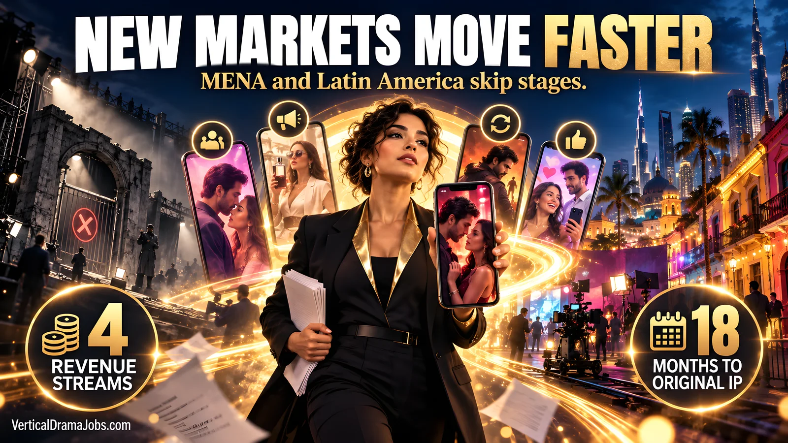 A fictional producer moves through a glowing shortcut between MENA and Latin American production districts while carrying a phone with an original drama.