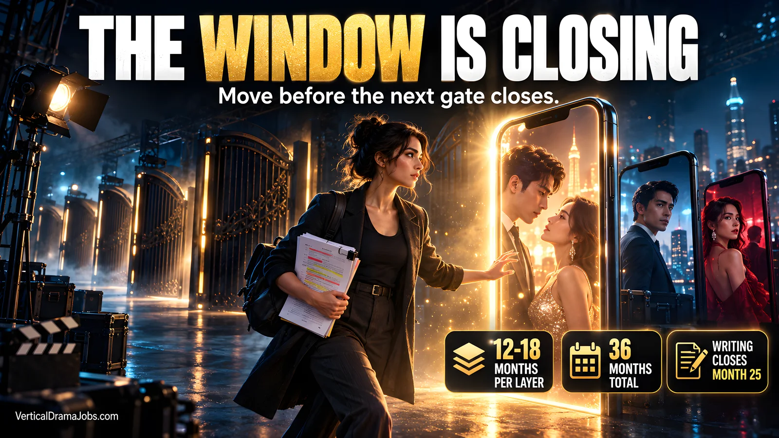 A determined creator walks toward a glowing phone-shaped doorway as a series of industry gates closes behind her.