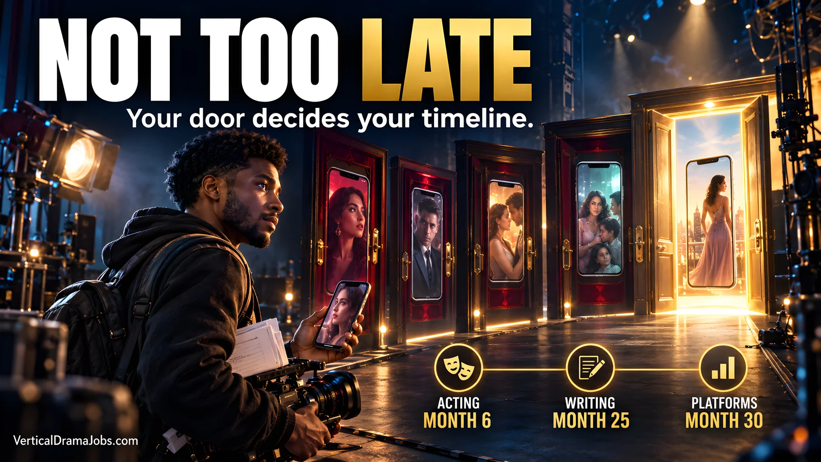 A filmmaker studies a sequence of closing doorways while the final platform door remains open and glowing.