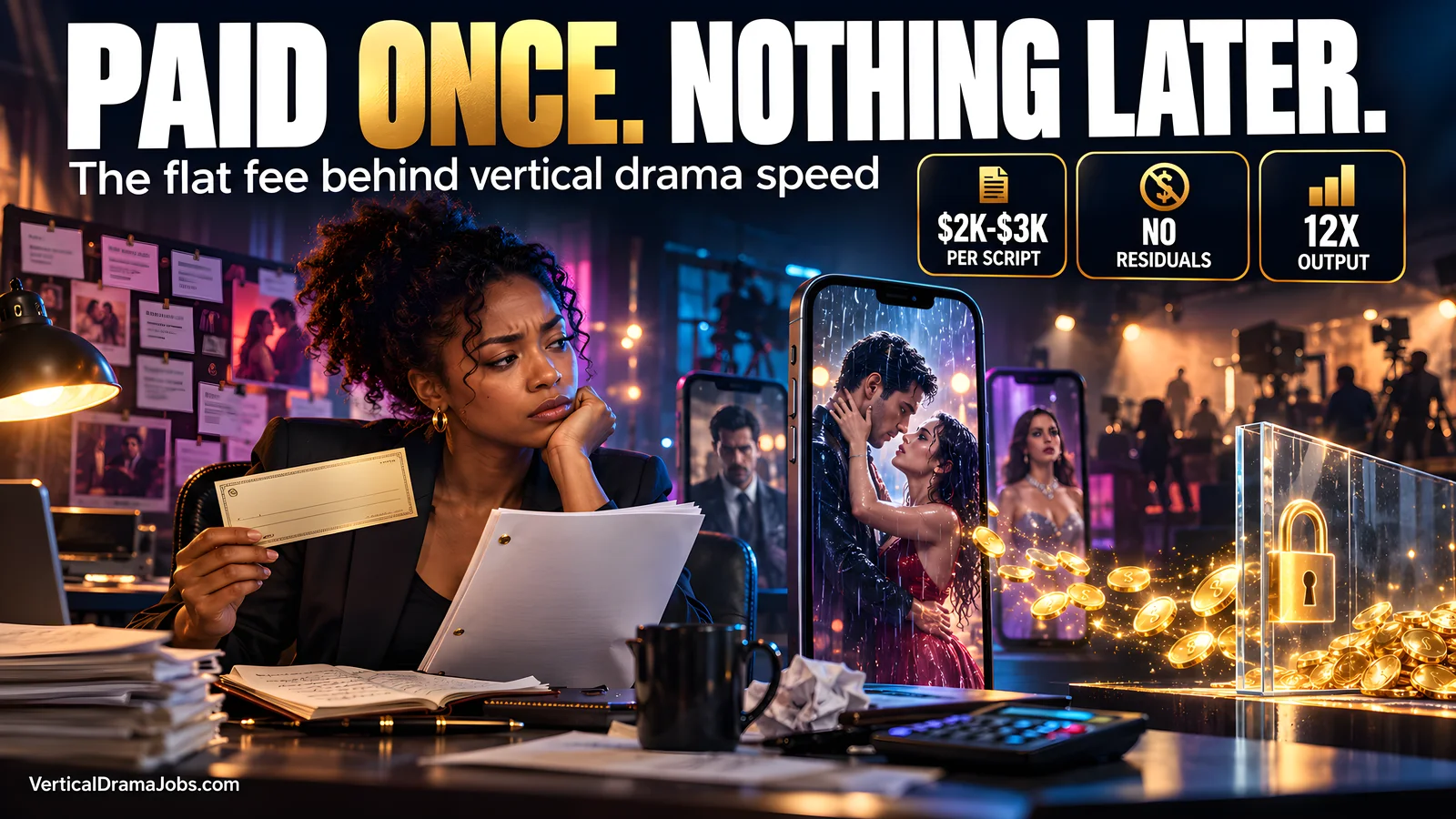 A tired screenwriter holds one payment check while a hit vertical drama keeps earning behind a glass barrier.