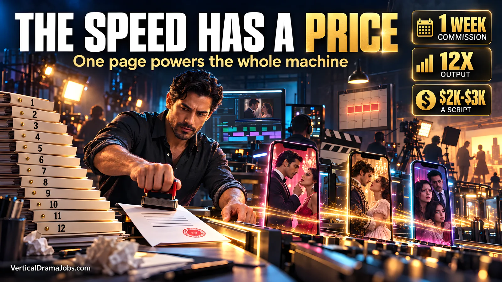 A writer feeds a one-page contract into a fast production line that turns scripts into vertical phone dramas.