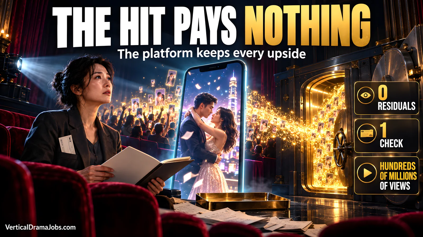 A writer watches a hit vertical drama while its glowing view revenue disappears into a locked vault.