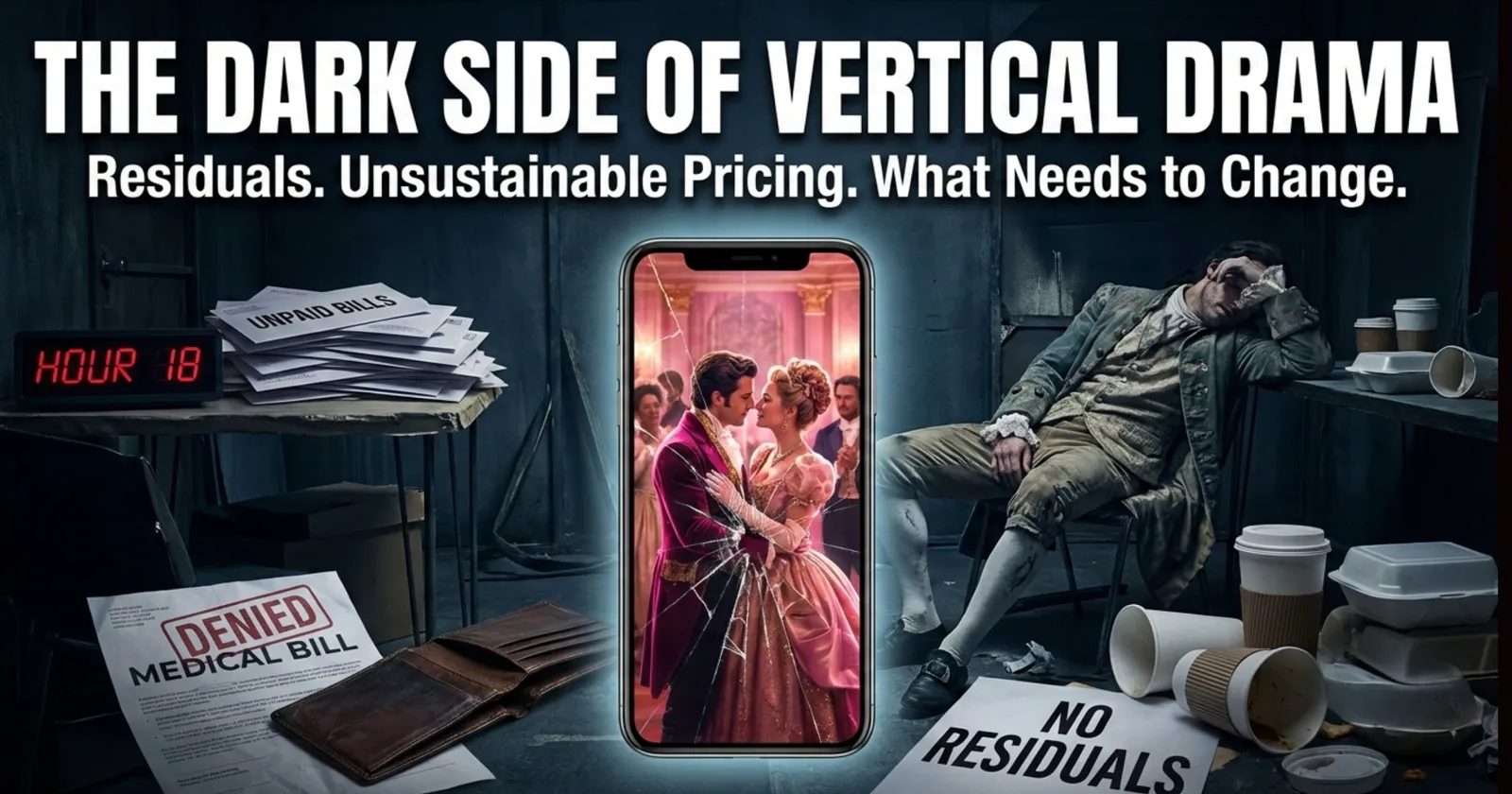 Phone showing a costume drama couple between unpaid bills, a denied medical bill and an exhausted actor, titled The Dark Side of Vertical Drama