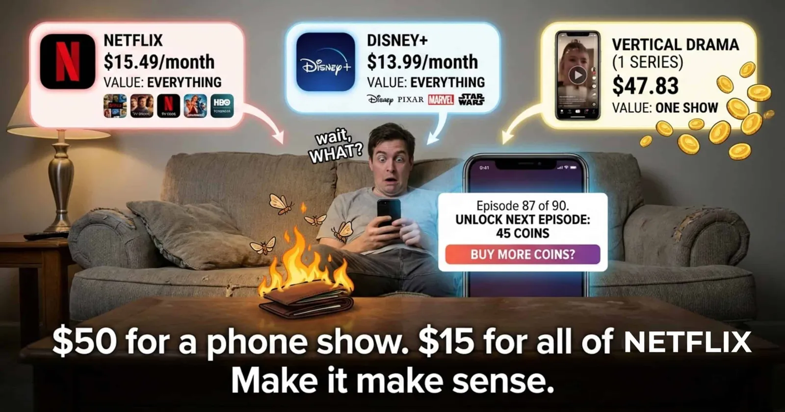 Shocked man on a couch comparing Netflix and Disney+ monthly prices with $47.83 spent on one vertical drama