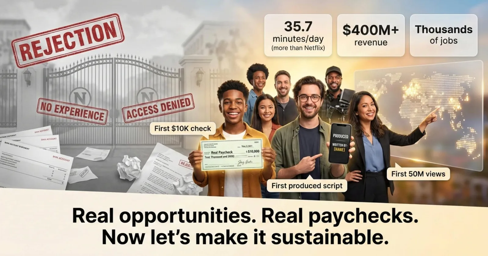 Smiling group holding a $10,000 check and a produced script in front of a gate stamped Rejection