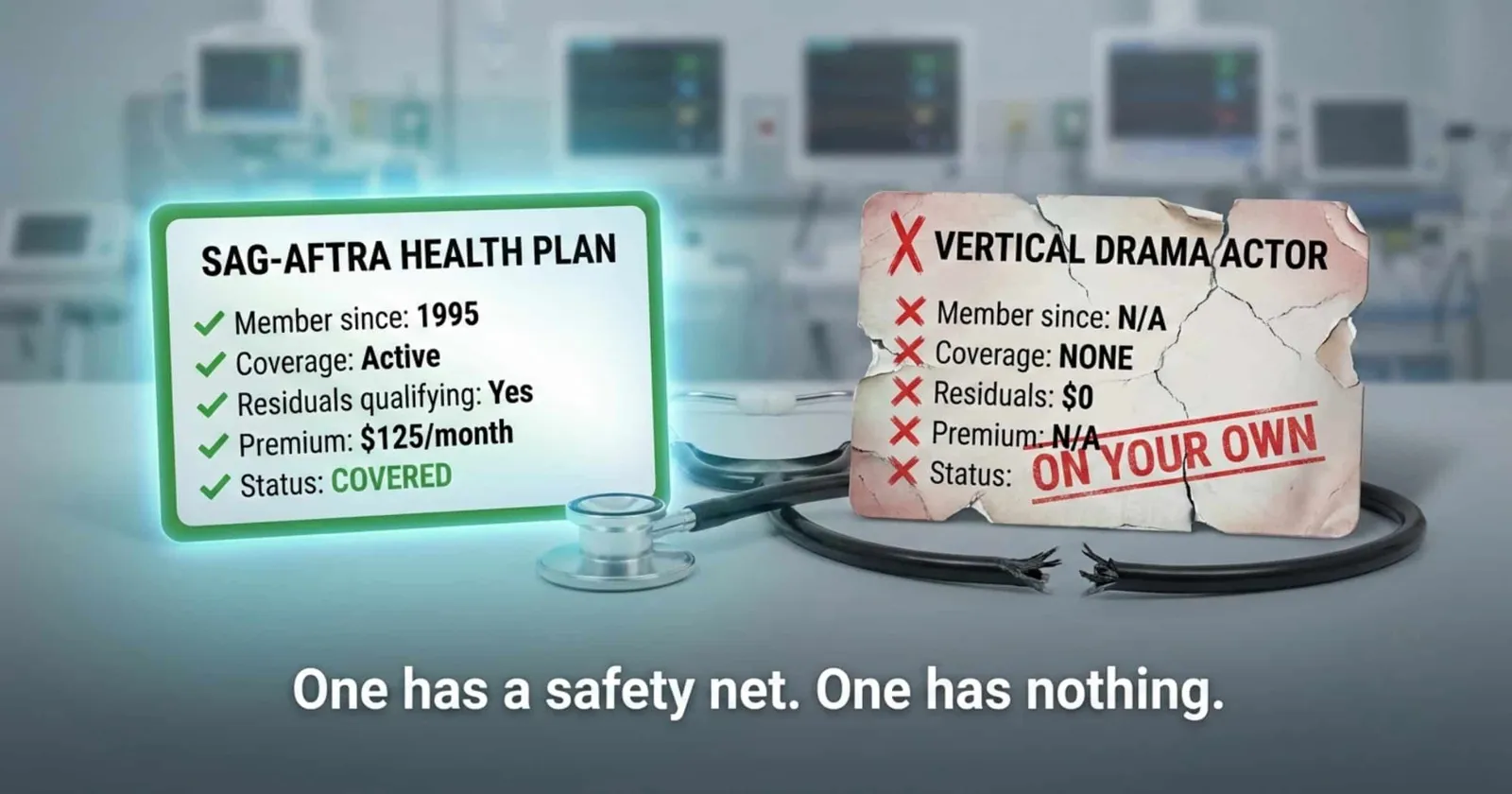 A SAG-AFTRA health plan card marked covered next to a torn vertical drama actor card marked on your own