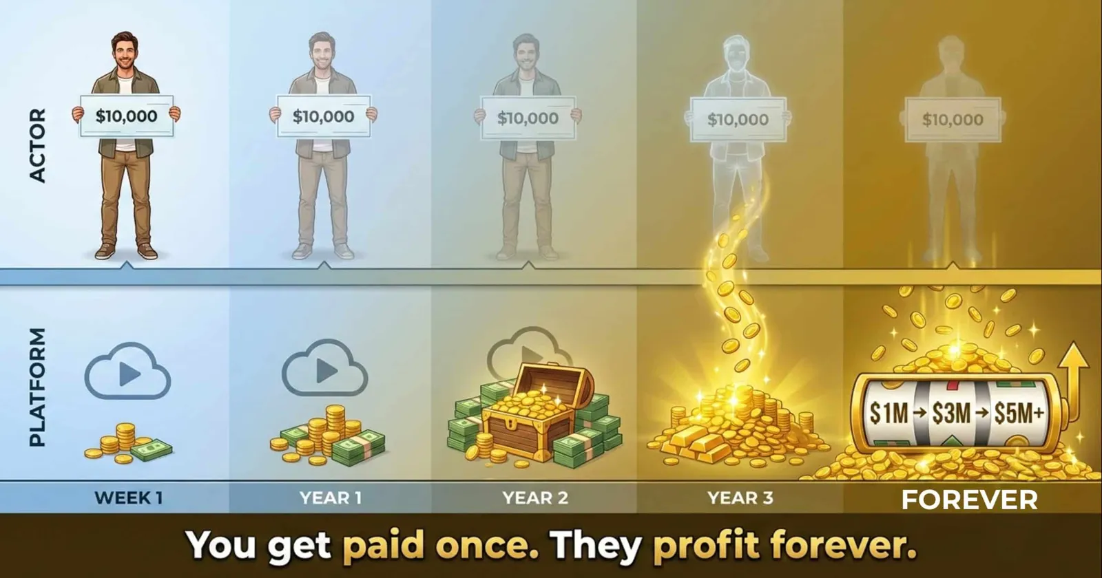 Timeline of an actor paid $10,000 once while the platform's earnings pile up from week 1 to forever