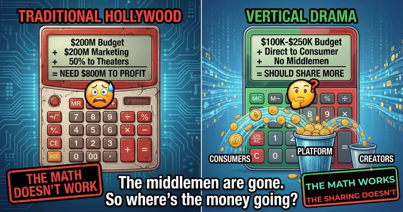 Two calculators comparing traditional Hollywood film budgets with vertical drama budgets