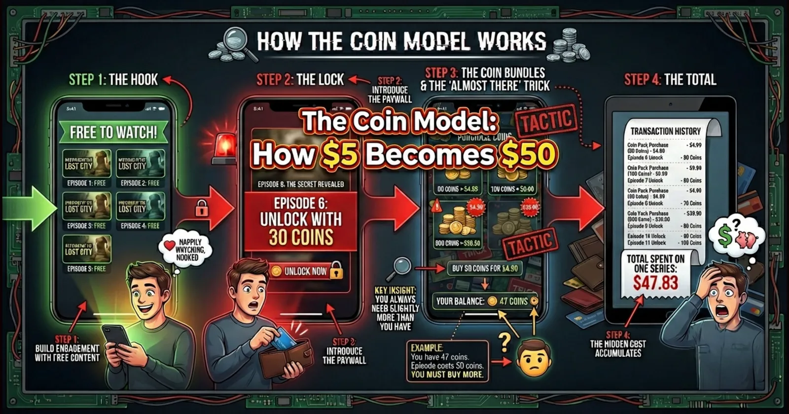 Four-step infographic of the coin model, from free episodes to a paywall to $47.83 spent on one series