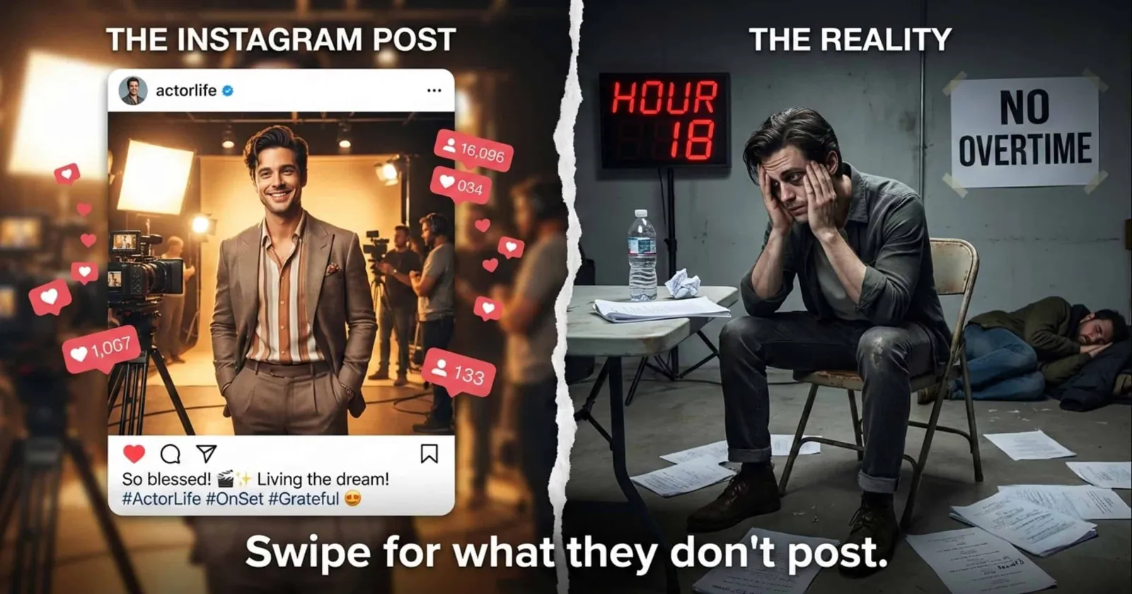 Split image of an actor's smiling Instagram post on set and the same actor exhausted at hour 18 under a No Overtime sign