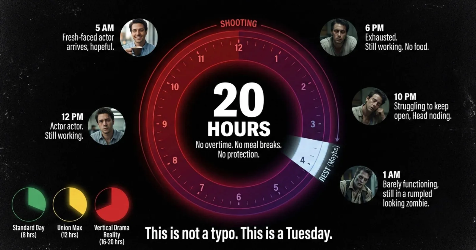 Clock graphic of a 20-hour shoot day, with an actor looking more tired at each hour