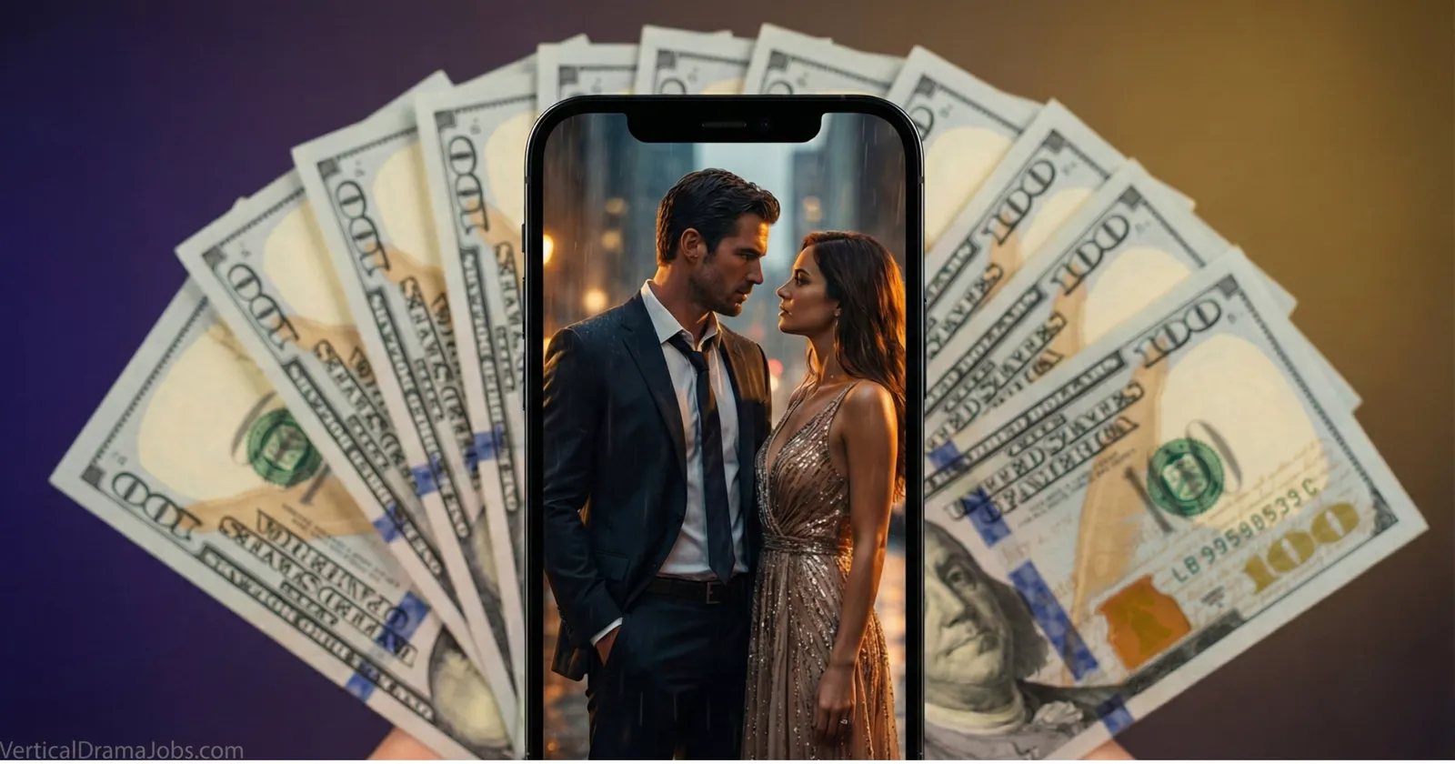 Phone showing a couple in evening wear in front of a fan of $100 bills